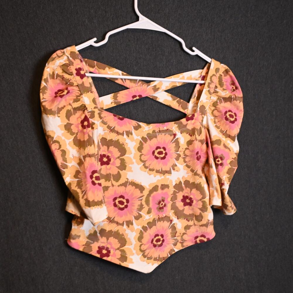Free People Women's S Give Me More Floral Top Square Neck Cropped Puff Sleeve